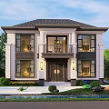 Two Story Modern Chinese Style Detached Villa With Black Roof White Exterior And Symmetrical Greenery