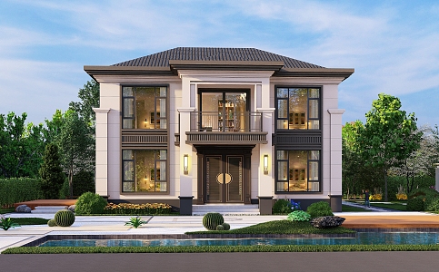 New Chinese Style Single-family Villa Two-storey Single-family Villa Architectural Appearance 3d model