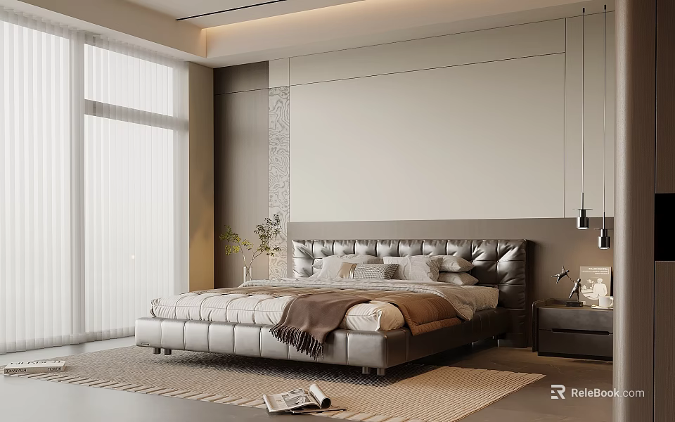 Modern Bedroom Interior With Leather Headboard Bed Bedding Nightstand Table Lamp And Rug 3d model 