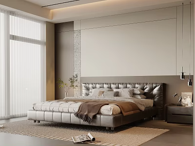 Modern Bedroom Interior With Leather Headboard Bed Bedding Nightstand Table Lamp And Rug 3d model