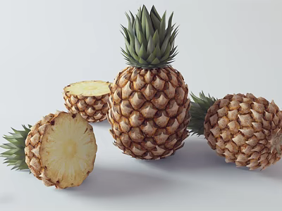 Fresh Whole and Sliced Pineapple with Green Leaves on White Background 3d model