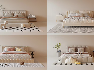 Modern Cozy Double Bed with Soft Pillows Plush Blanket Decorative Wooden Nightstand and Patterned Rug 3d model