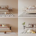 Modern Cozy Double Bed with Soft Pillows Plush Blanket Decorative Wooden Nightstand and Patterned Rug