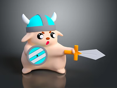 Cute Viking Style Doll with Blue Horned Helmet Shield and Yellow Handle Sword 3d model