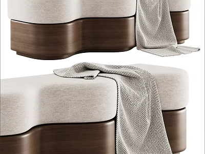 Modern Ottoman With Light Beige Upholstery And Curved Wooden Base With Herringbone Throw Blanket 3d model