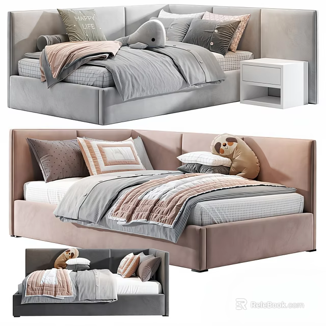 Cute Kids Bed With Upholstered Headboard Soft Bedding Pillows And Stuffed Toy 3d model 