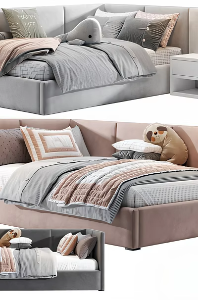Cute Kids Bed With Upholstered Headboard Soft Bedding Pillows And Stuffed Toy 3d model