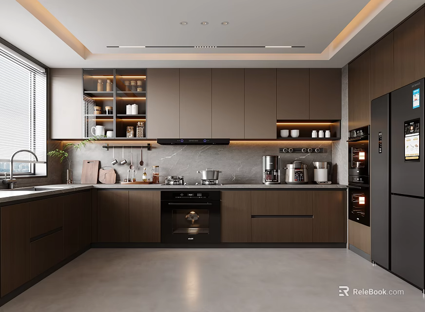 Sleek Modern Kitchen Interior With Dark Cabinets Countertop And Stainless Steel Appliances 3d model 