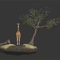 Spotted Giraffe Standing Under Green Leaf Tree On Circular Natural Base With Grass And Log