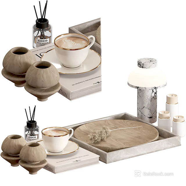 Elegant Decorative Ornament Set With Coffee Cups Tray Diffuser Bottles Marble Decor And Dried Flowers 3d model 