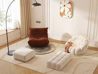 Modern Cozy Outdoor Sofa Set With Brown White Seats Ottoman Soft Rug And Floor Lamp 3d model