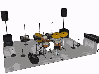 Stage Setup With Complete Drum Set Microphones And Speakers For Music Performance 3d model