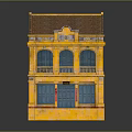 Yellow Two Story Building With Balconies Red Doors Windows And Brown Roof