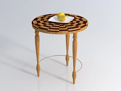 Round Checkerboard Coffee Table with Wooden Legs and Metal Ring Featuring White Plate and Lemon 3d model