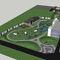 Park Landscape Featuring Winding Walkways Water Ponds Lush Lawns Trees And Buildings
