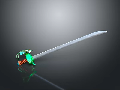 Silver Decorative Sword With Green And Orange Hilt On Reflective Dark Background 3d model