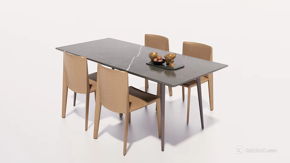 Modern Dining Table Set With Rectangular Grey Top And Four Beige Fabric Chairs 3d model