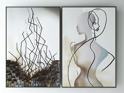 Two Abstract Wall Art With Geometric Lines And Female Silhouette For Modern Home Decor 3d model