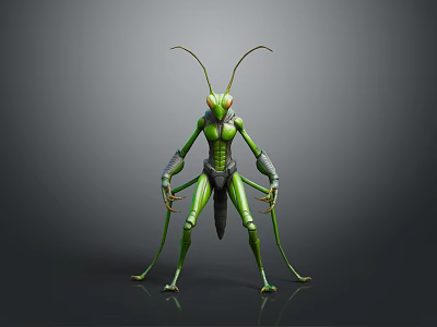Anthropomorphic Praying Mantis 3D Character Model With Green Exoskeleton And Long Antennae 3d model