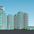 Modern High Rise Office Buildings With Glass Curtain Walls And Landscaped Trees