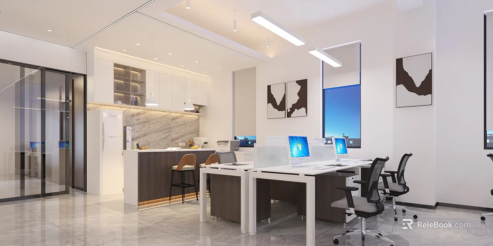 Modern Break Room Interior With Open Design Cabinets Bar Counter And Workstations 3d model