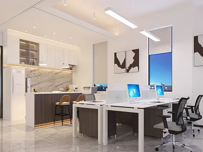 Modern Break Room Interior With Open Design Cabinets Bar Counter And Workstations 3d model