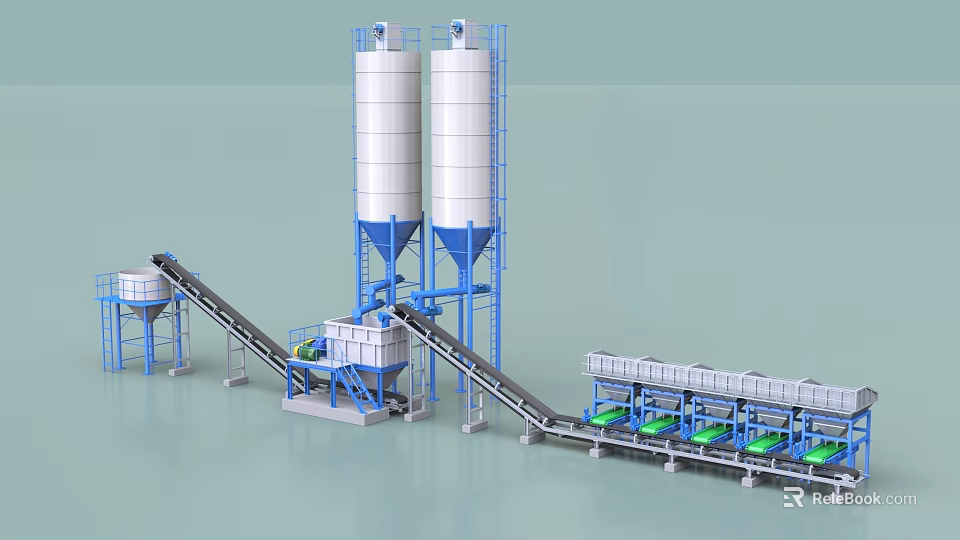 Industrial Concrete Batching Plant With Twin Storage Silos And Conveyor Belts 3d model 
