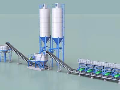 Industrial Concrete Batching Plant With Twin Storage Silos And Conveyor Belts 3d model
