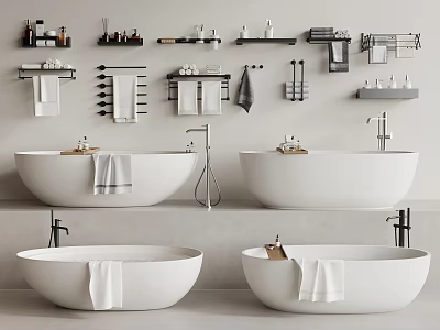 Modern Bathroom Collection With White Bathtubs Wall Mounted Towel Racks And Shelves 3d model