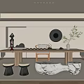 Tranquil Tea Room Interior With Long Wooden Table Tea Sets Circular Decor And Green Plants