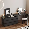 Black Modern Dressing Table with Round Mirror Geometric Art and Vase in Bedroom