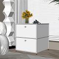 White Bedside Table With Two Drawers Sunflower Bouquet And Tea Cup By Window Blinds