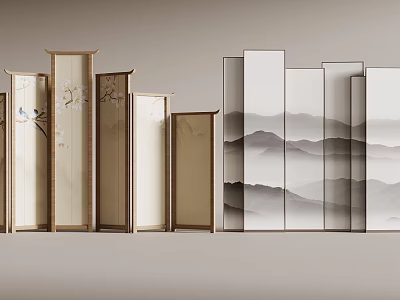 New Chinese Screen Ink Painting Screen Insert Screen 3d model