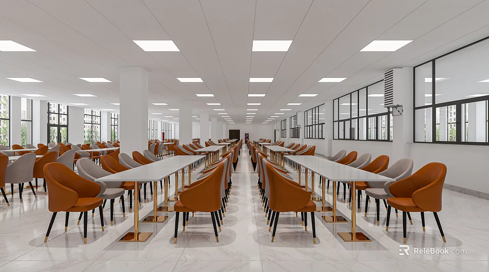 Modern Dining Hall Interior With Long Tables Orange Chairs And Large Windows 3d model