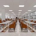 Modern Dining Hall Interior With Long Tables Orange Chairs And Large Windows 3d model