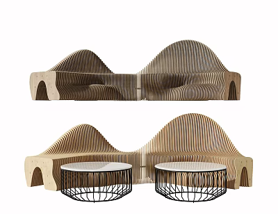 Wave Shaped Wooden Outdoor Chairs With Round Coffee Tables And Metal Frame 3d model