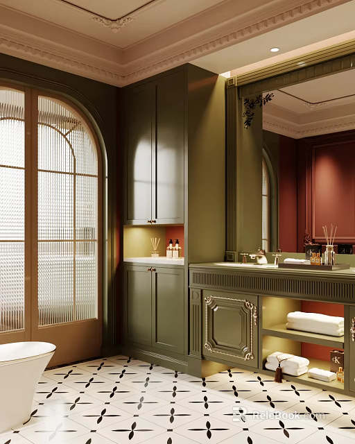 Elegant Bathroom Interior With Dark Green Cabinets Arched Window And Marble Vanity 3d model