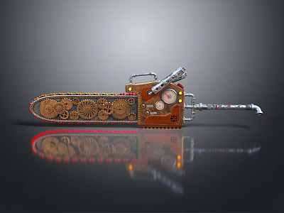 Steampunk Chainsaw Weapon with Intricate Mechanical Gears and Metallic Components in Brown and Silver Casing 3d model