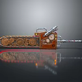 Steampunk Chainsaw Weapon with Intricate Mechanical Gears and Metallic Components in Brown and Silver Casing