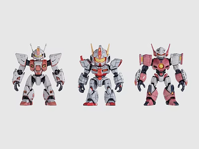 Three Robot Action Figures With Different Colors And Mecha Style Standing Together 3d model