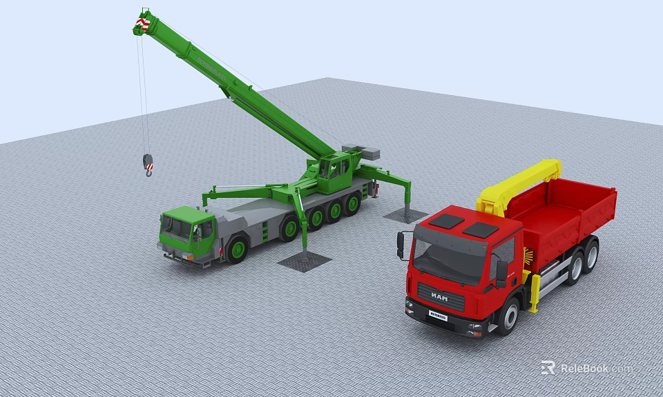 Green Mobile Crane And Red Cargo Truck Functional Utility Vehicles At Work Site 3d model 