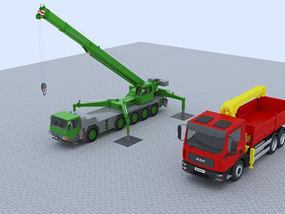 Green Mobile Crane And Red Cargo Truck Functional Utility Vehicles At Work Site 3d model