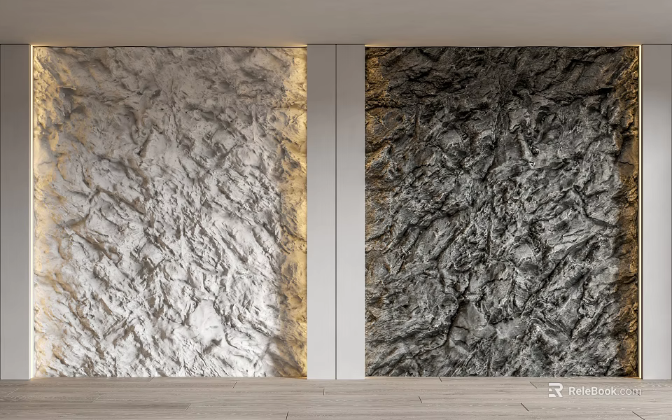 Two Different Textured Stone Walls In Modern Interior With Central White Divider And Wooden Floor 3d model 