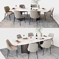 Modern Marble Top Dining Table Set With Gray Upholstered Chairs Wine Bottle Plant Tableware 3d model
