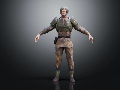 Detailed 3D Military Character With Green Shoulder Armor And Camouflage Uniform Standing Pose 3d model