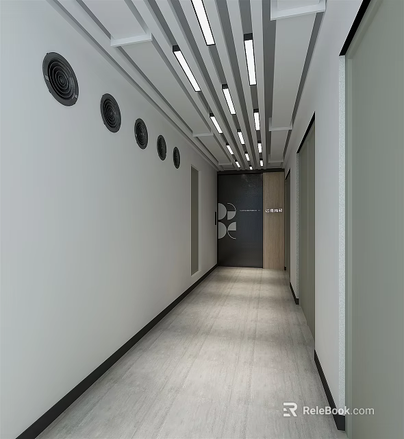 Modern Elevator Hallway Interior With White Walls Circular Vents And Ceiling Lights 3d model
