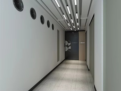 Modern Elevator Hallway Interior With White Walls Circular Vents And Ceiling Lights 3d model