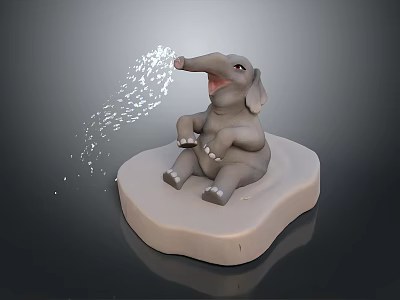 Gray Baby Elephant Sculpture Sitting On Light Base With Trunk Spraying Water Droplets 3d model