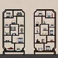Dark And Brown Traditional Chinese Display Shelves With Teapots Books And Decorative Items