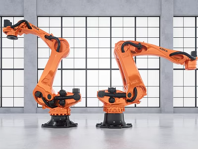Two Orange Industrial Robotic Arms in Modern Factory Setting for Automation Manufacturing 3d model